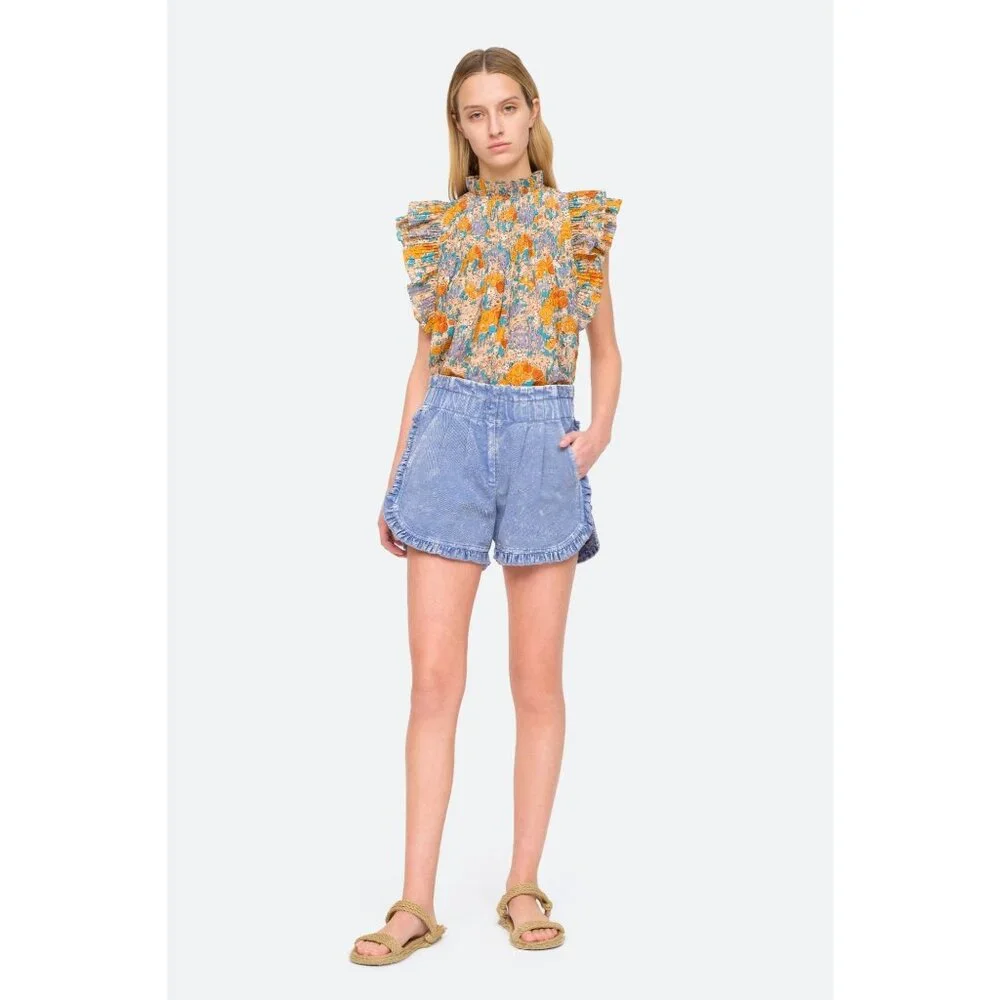 Sea New York Idun Ruffled Denim Acid Wash High Rise Shorts Women's 4 - Picture 2 of 9